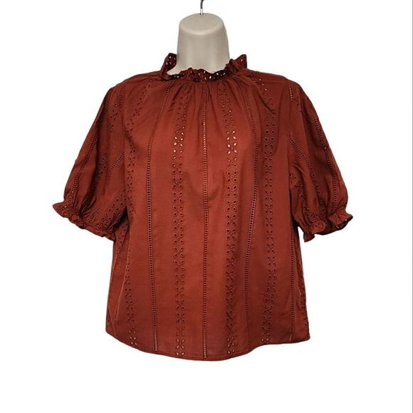 Universal Thread Eyelet 3/4 Balloon Sleeve Blouse Color Brown Size Small - Picture 1 of 8